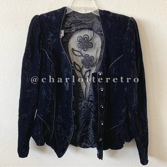 80s vtg Crushed Velvet Peplum Blazer + Skirt Set - Picture 5 of 15